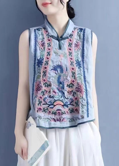 Art Light Blue Stand Collar Embroidered Floral Waistcoat Summer VB1073