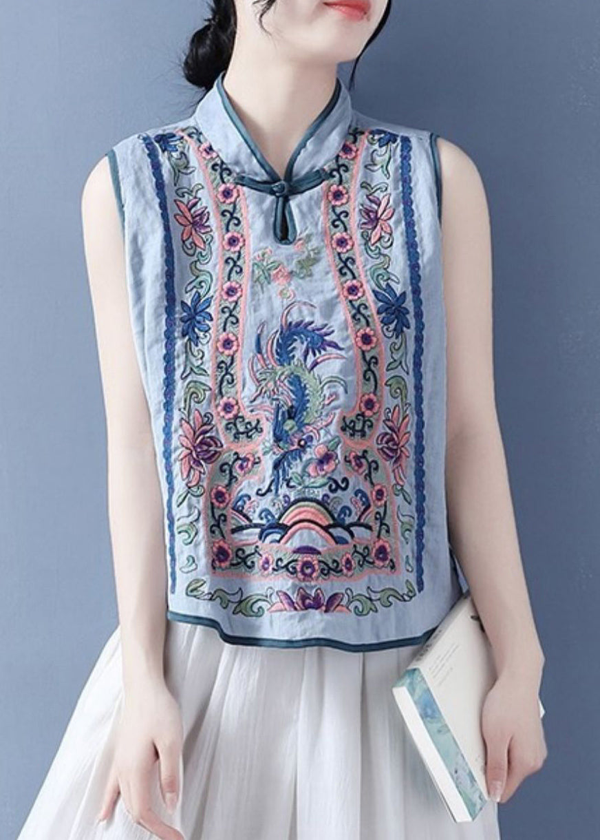 Art Light Blue Stand Collar Embroidered Floral Waistcoat Summer VB1073