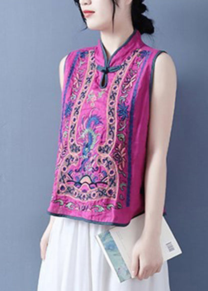 Art Light Blue Stand Collar Embroidered Floral Waistcoat Summer VB1073