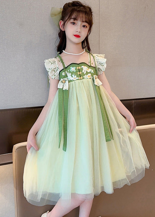 Art Light Green Embroidered Tassel Tulle Kids Maxi Dress Short Sleeve GF005