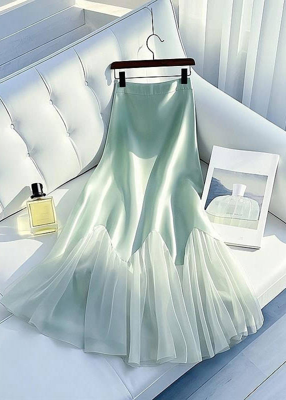 Green Summer Tulle Silk High Skirt Waist Light Patchwork Art Maxi