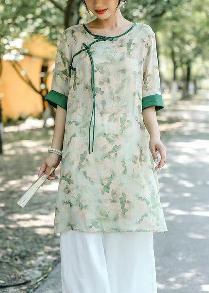 Art Light Green O Neck Button Print Linen Blouse Half Sleeve JH002