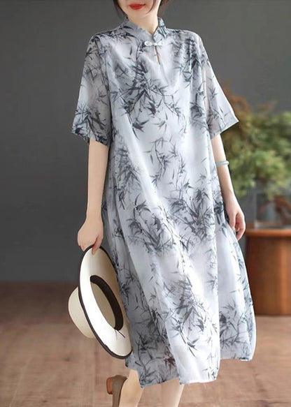 Art Mandarin Collar Bamboo Print Chiffon Dress Summer TM024