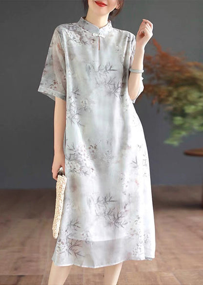 Art Mandarin Collar Bamboo Print Chiffon Dress Summer TM024
