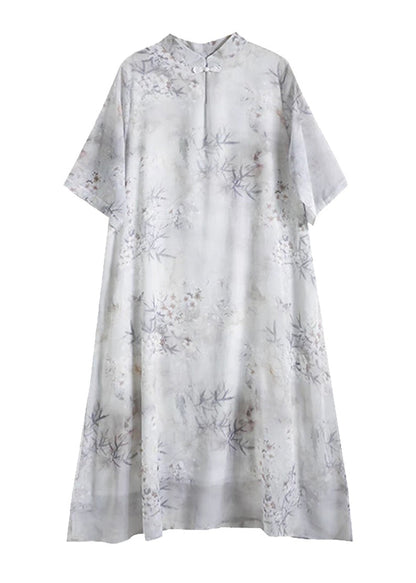 Art Mandarin Collar Bamboo Print Chiffon Dress Summer TM024