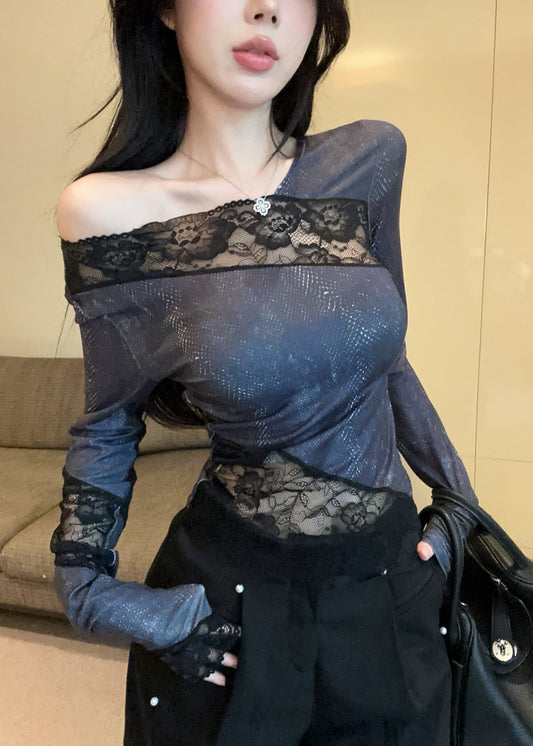 Art Navy Asymmetrical Patchwork Cold Shoulder Top Spring YP013