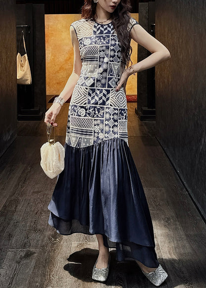 Neck O Navy Dress Long Patchwork Art Hollow Cotton Out Wrinkled