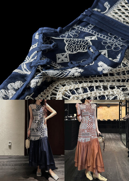 Neck O Navy Dress Long Patchwork Art Hollow Cotton Out Wrinkled