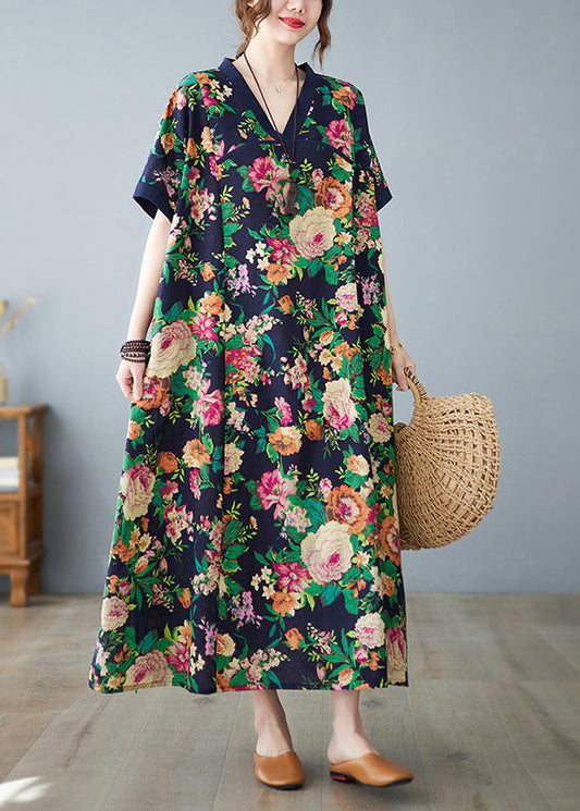 Navy Cotton Summer Art Print Dress Oversized