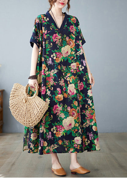 Navy Cotton Summer Art Print Dress Oversized
