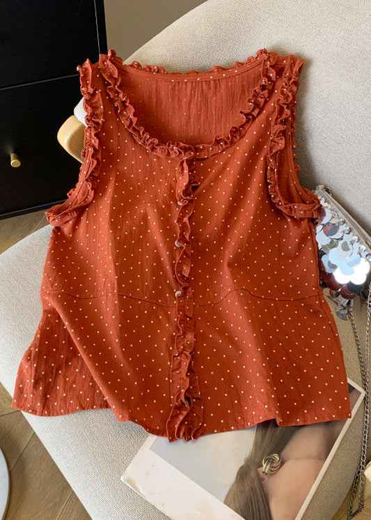 Shirts Dot Cotton Ruffled Art Sleeveless Button Orange