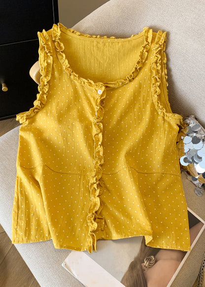 Shirts Dot Cotton Ruffled Art Sleeveless Button Orange