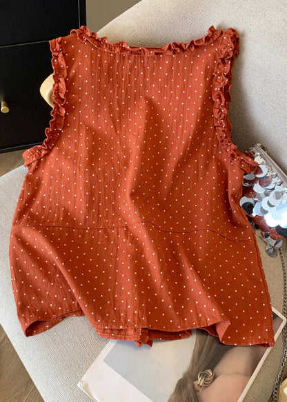 Shirts Dot Cotton Ruffled Art Sleeveless Button Orange