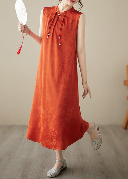 Art Orange Tasseled Jacquard Silk Dress Sleeveless TM038