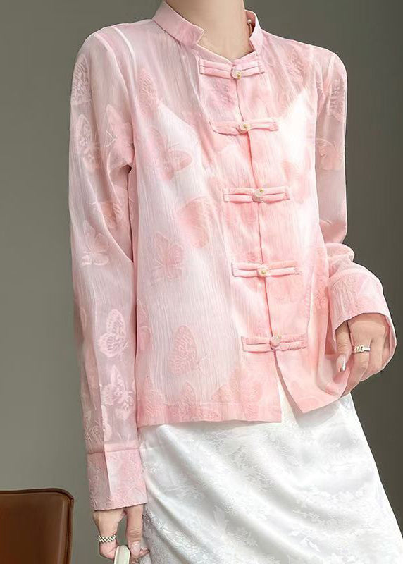 Art Pink Butterfly Button Silk Blouse Fall AB1053