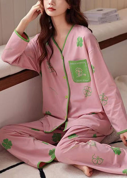 Pajamas Print Art Pants Two Set Pink Cotton Piece Button And Tops