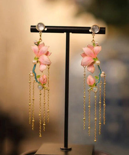 Art Pink Copper Overgild Enamel Jade Orchid Tassel Drop Earrings WQ009