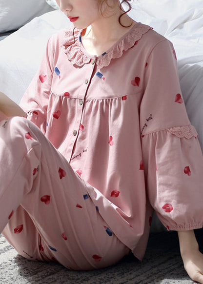 Pink Pajamas Two Print Cotton Set Pieces Fall Lace Art Button
