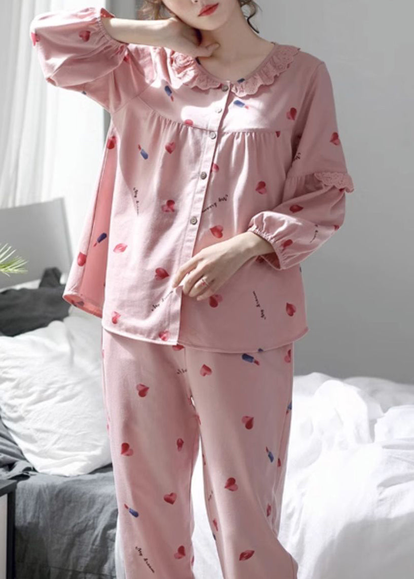 Pink Pajamas Two Print Cotton Set Pieces Fall Lace Art Button