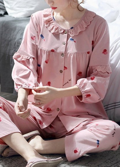 Pink Pajamas Two Print Cotton Set Pieces Fall Lace Art Button
