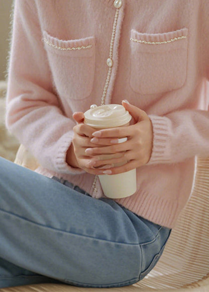 Art Pink O-Neck Button Pockets Knit Cardigan Spring TF018