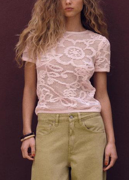 Pink Art Neck Hollow Shirts O Summer T Out Knit