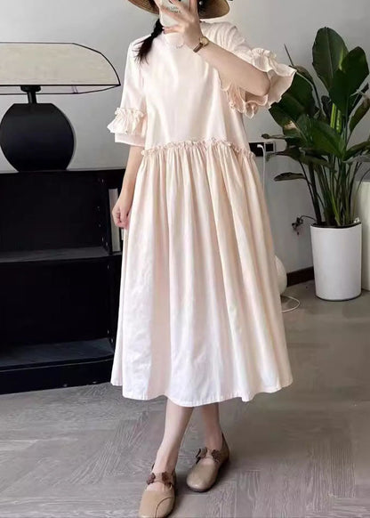 Art Pink O-Neck Wrinkled Long Dresses Summer BV031