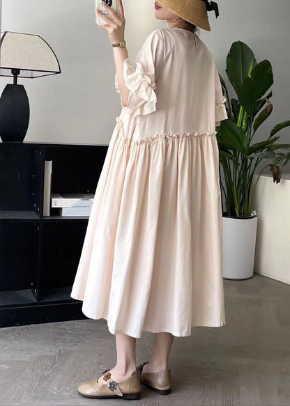 Art Pink O-Neck Wrinkled Long Dresses Summer BV031