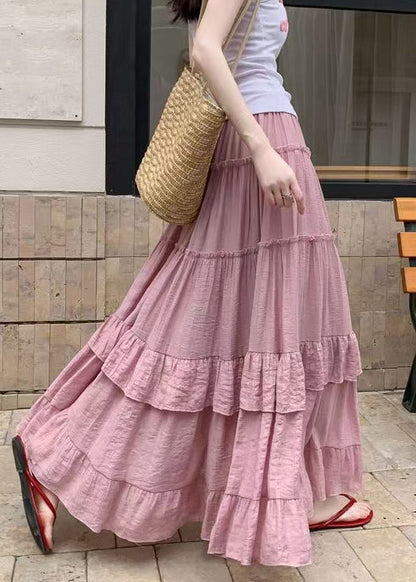 Ruffled Skirts Art Waist Elastic Summer Pink Cotton