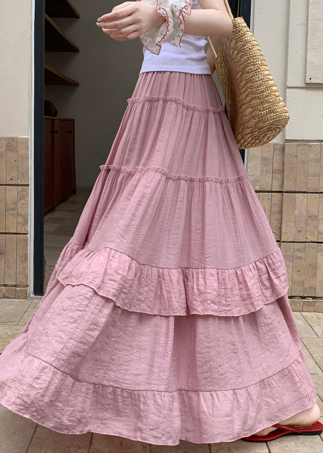 Ruffled Skirts Art Waist Elastic Summer Pink Cotton