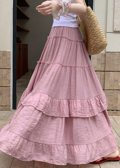 Ruffled Skirts Art Waist Elastic Summer Pink Cotton