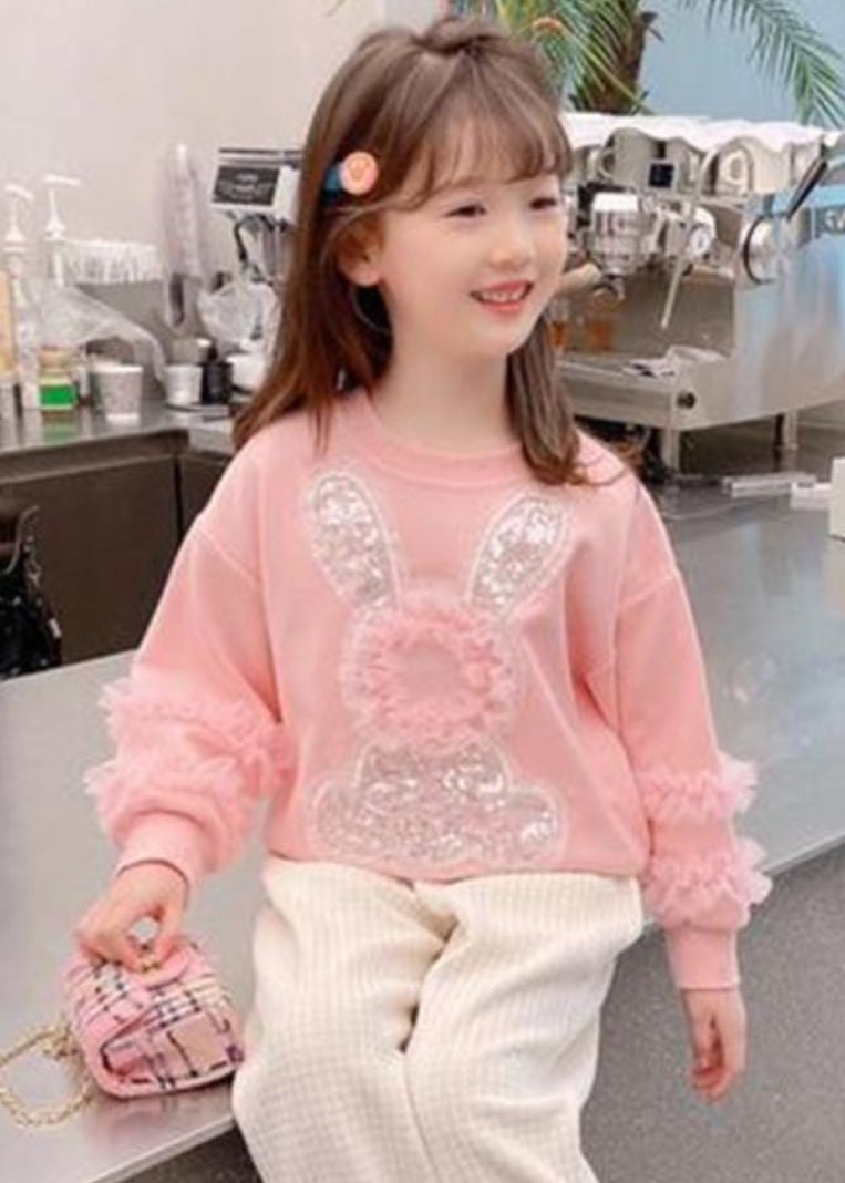 Art Pink Tulle Patchwork Little Rabbit Sequins Kids Sweatshirts Top Fall QV050