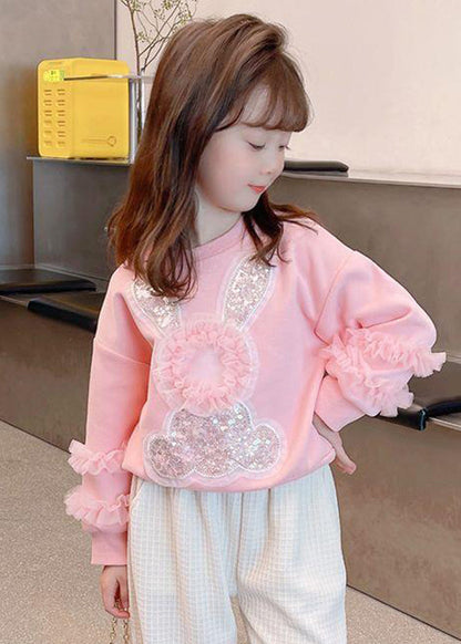 Art Pink Tulle Patchwork Little Rabbit Sequins Kids Sweatshirts Top Fall QV050