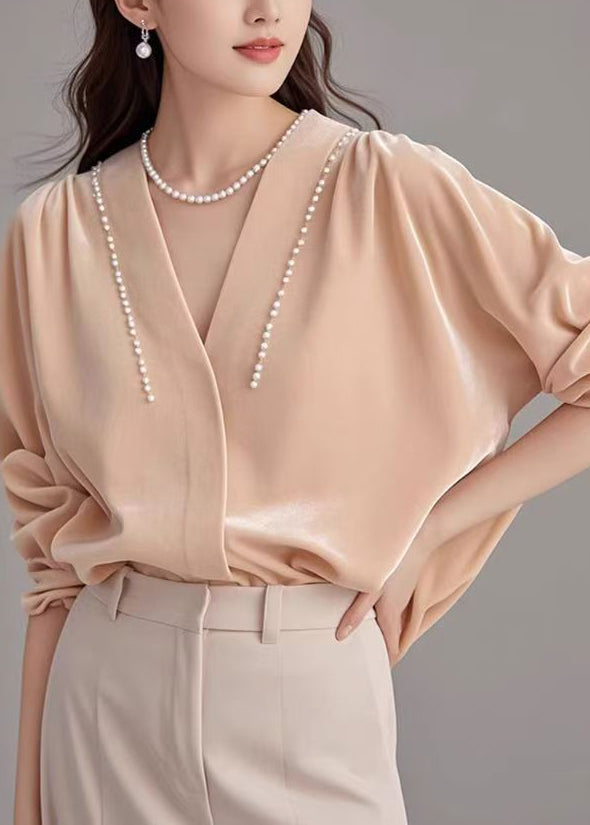 Silk Shirt Pink Pearl Velour Art Neck Spring V