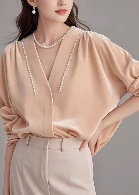 Silk Shirt Pink Pearl Velour Art Neck Spring V