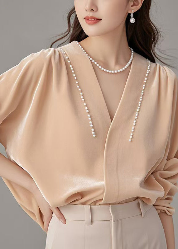 Silk Shirt Pink Pearl Velour Art Neck Spring V