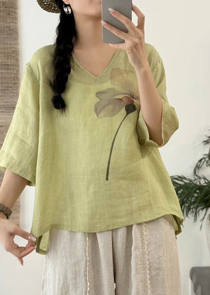 Sleeve V T Neck Art Print Half Linen Open Pink Side Shirt