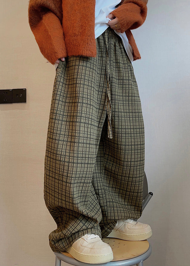 Fall Drawstring Wide Cotton Men Plaid Leg Pockets Art Pants