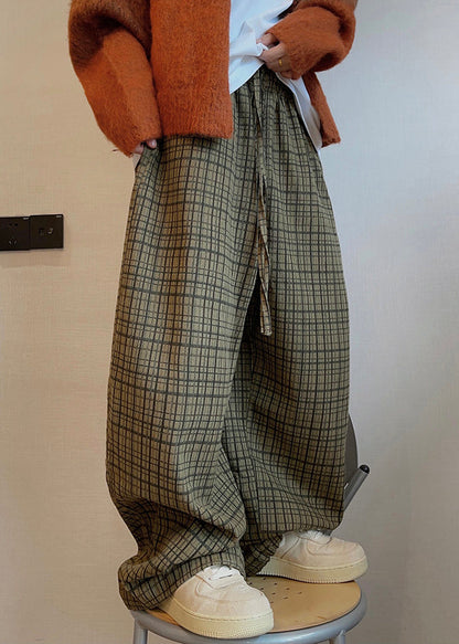 Fall Drawstring Wide Cotton Men Plaid Leg Pockets Art Pants