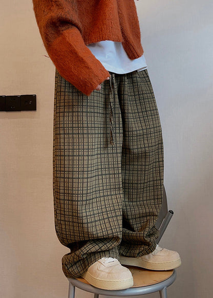 Fall Drawstring Wide Cotton Men Plaid Leg Pockets Art Pants