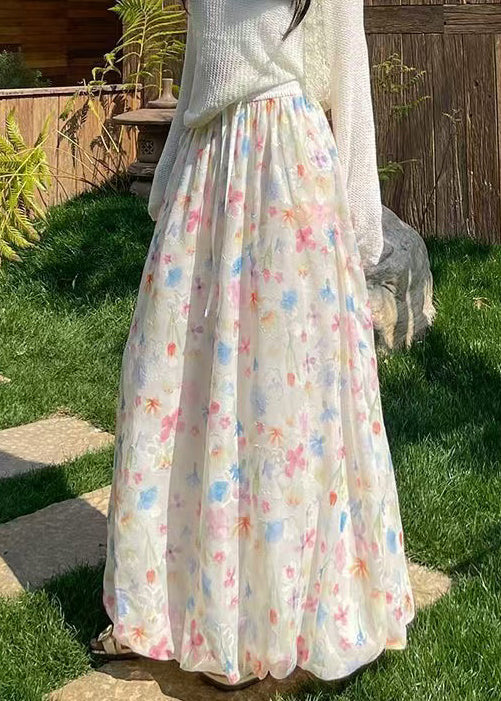 Summer Art Chiffon Print Waist Elastic Skirts Up Lace