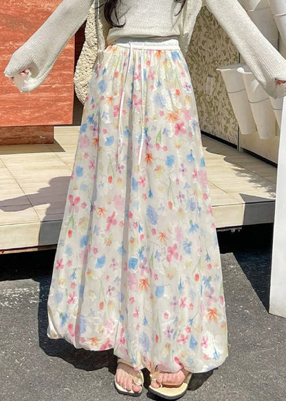 Print Up Skirts Lace Waist Chiffon Summer Elastic Art