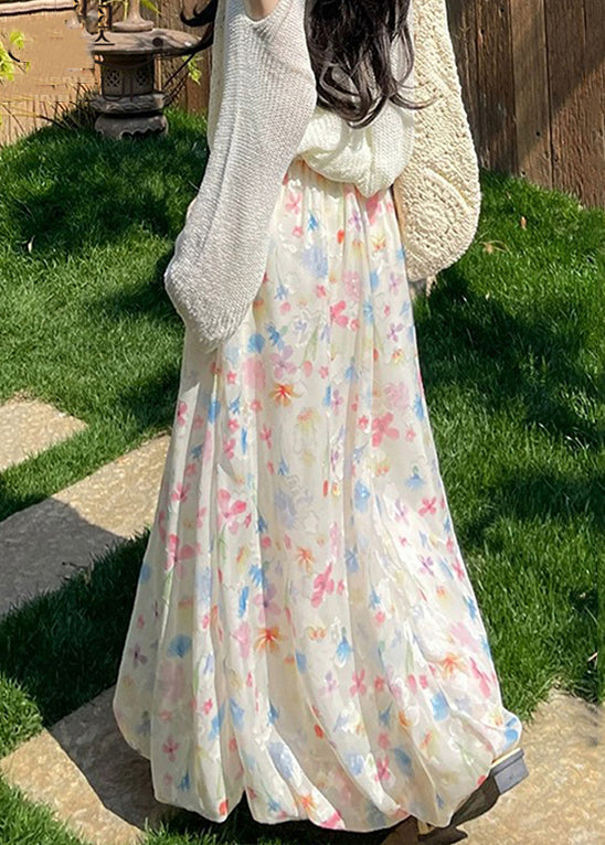 Print Up Skirts Lace Waist Chiffon Summer Elastic Art