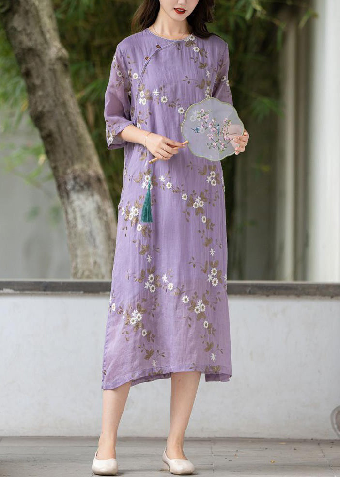 Art Purple Embroidered Button Linen Dress Summer MN078