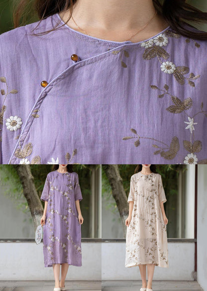 Art Purple Embroidered Button Linen Dress Summer MN078