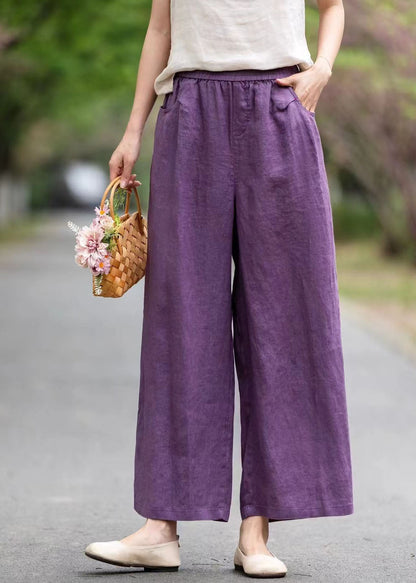 Pockets Linen Summer Pants Straight Art Oversized Purple