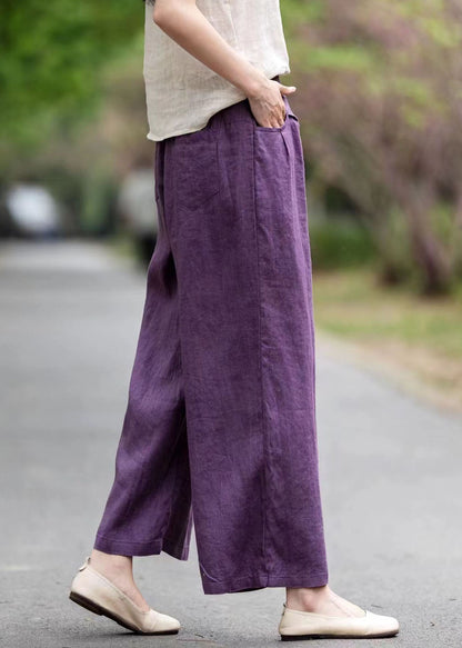 Pockets Linen Summer Pants Straight Art Oversized Purple