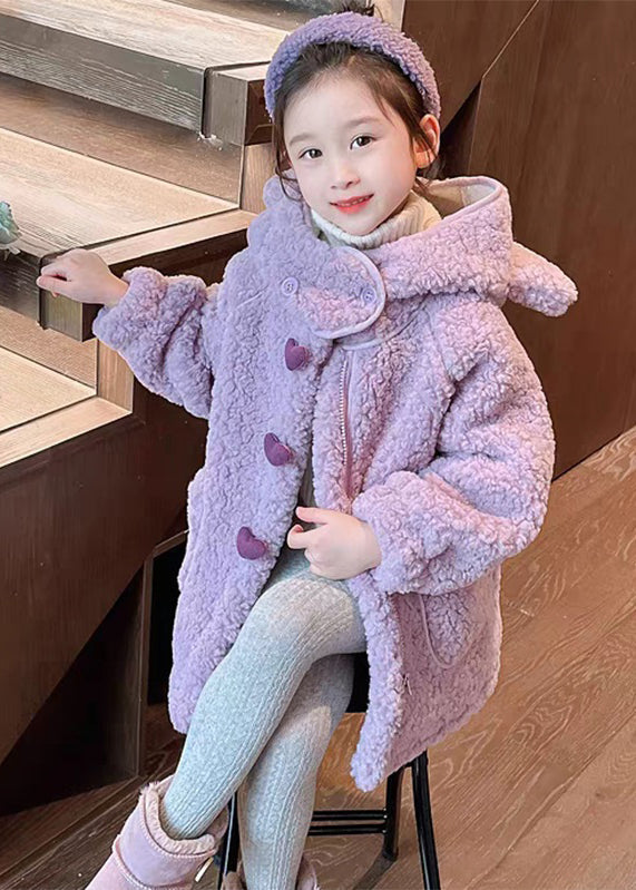 Art Purple Patchwork Pockets Faux Fur Girls Hoodie Long Coat Winter WL033