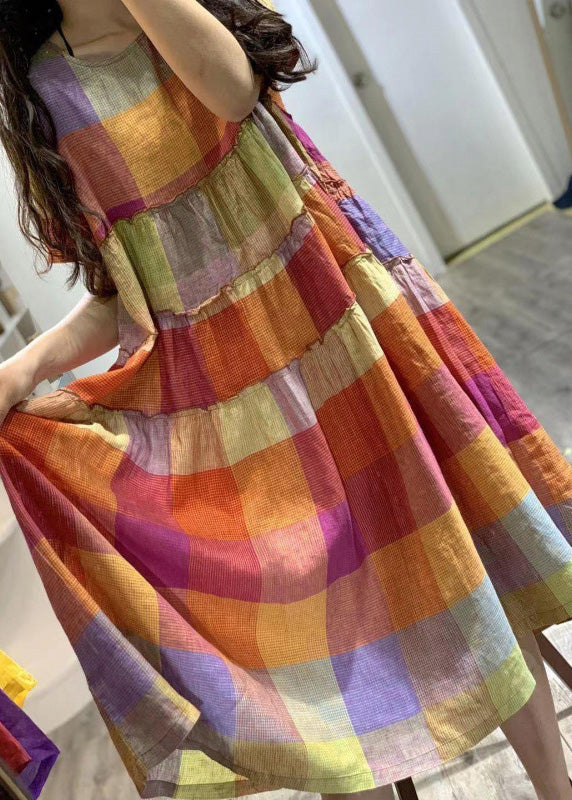 Summer Art Rainbow Ruffled Linen Plaid Dress
