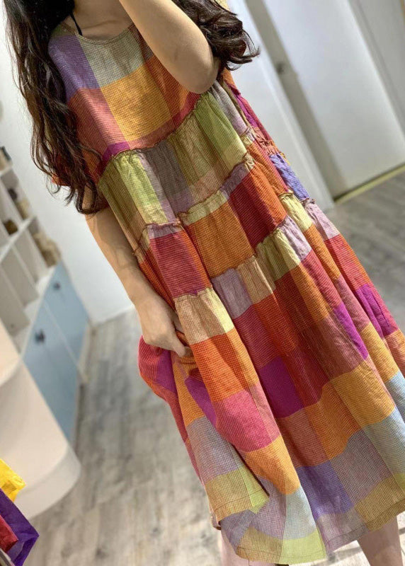 Summer Art Rainbow Ruffled Linen Plaid Dress
